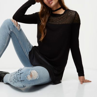 Black lace and mesh layered top